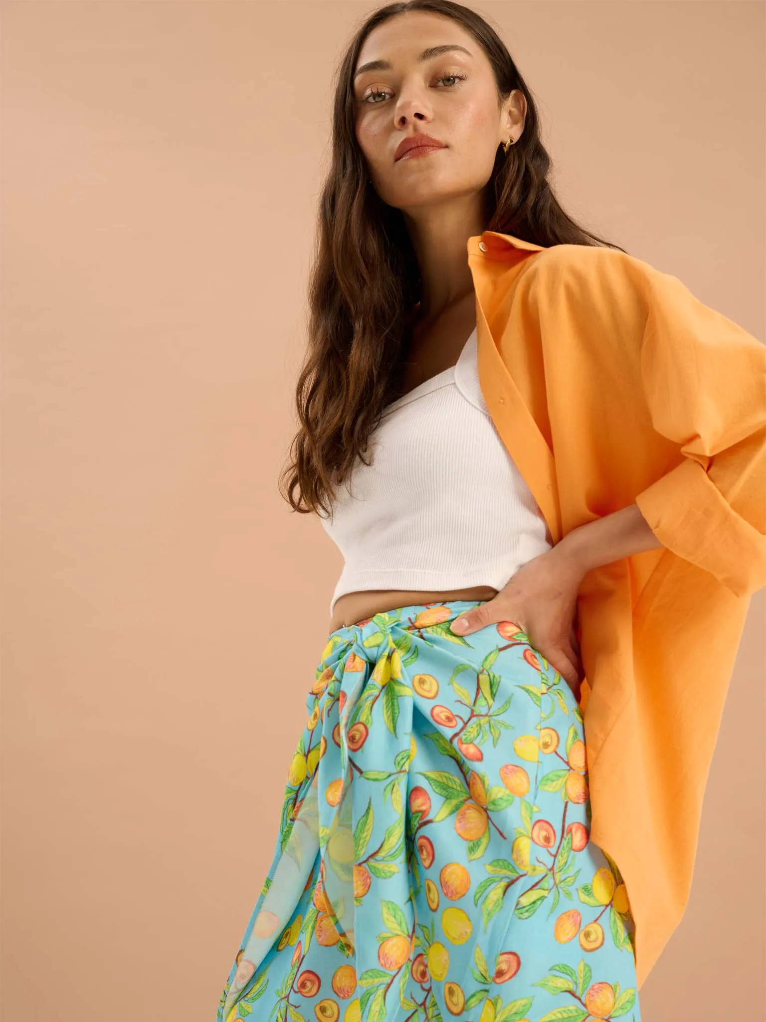 Percy Twill Frill Fruit Print Wrap Front Skirt