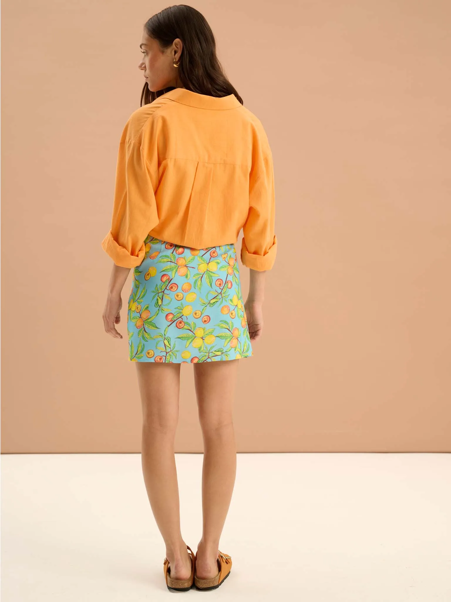 Percy Twill Frill Fruit Print Wrap Front Skirt