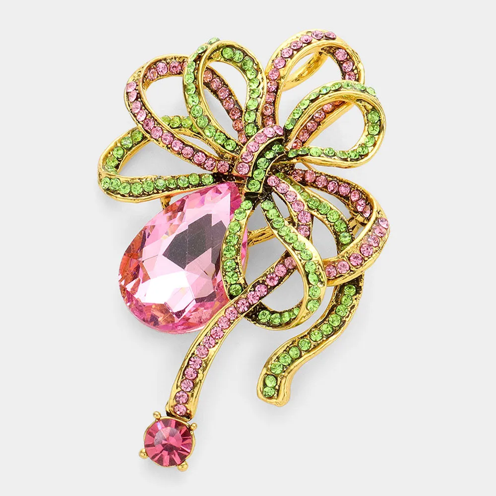 Pink and Green Glass crystal teardrop accented bow brooch / pendant