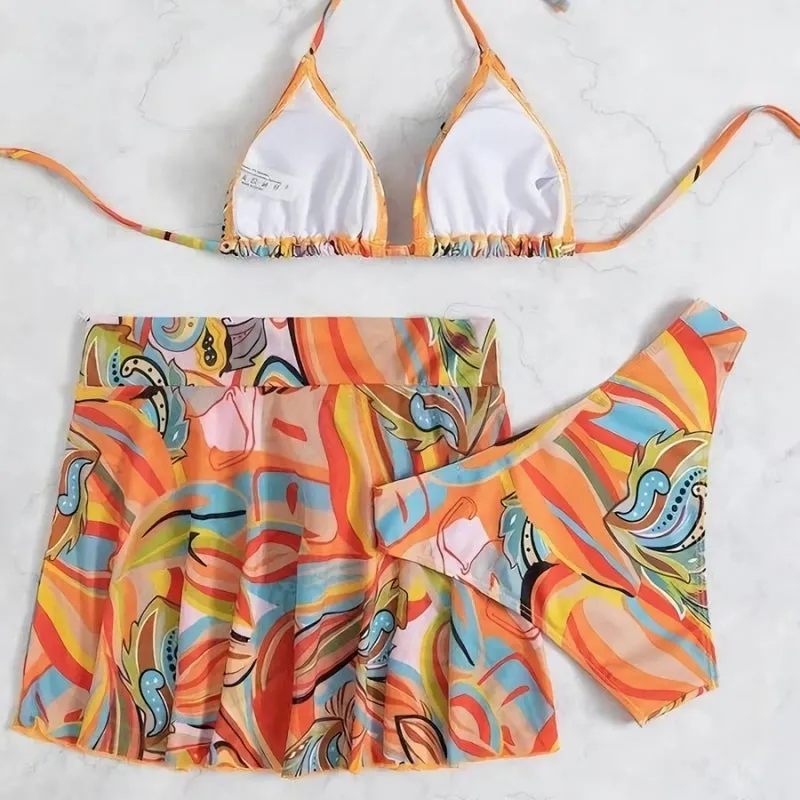 Pool Side Vibing Three Piece Bikini-Orange