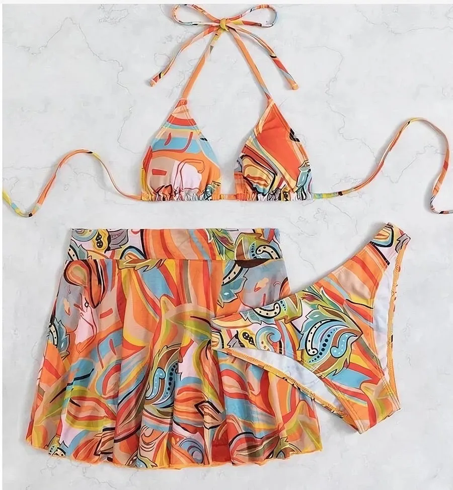 Pool Side Vibing Three Piece Bikini-Orange