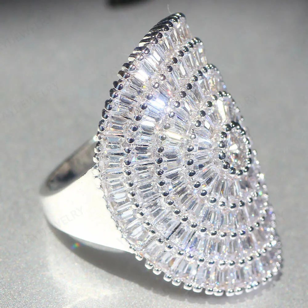 Rhodium Plated Baguette Cubic Zirconia Dome Cocktail Ring