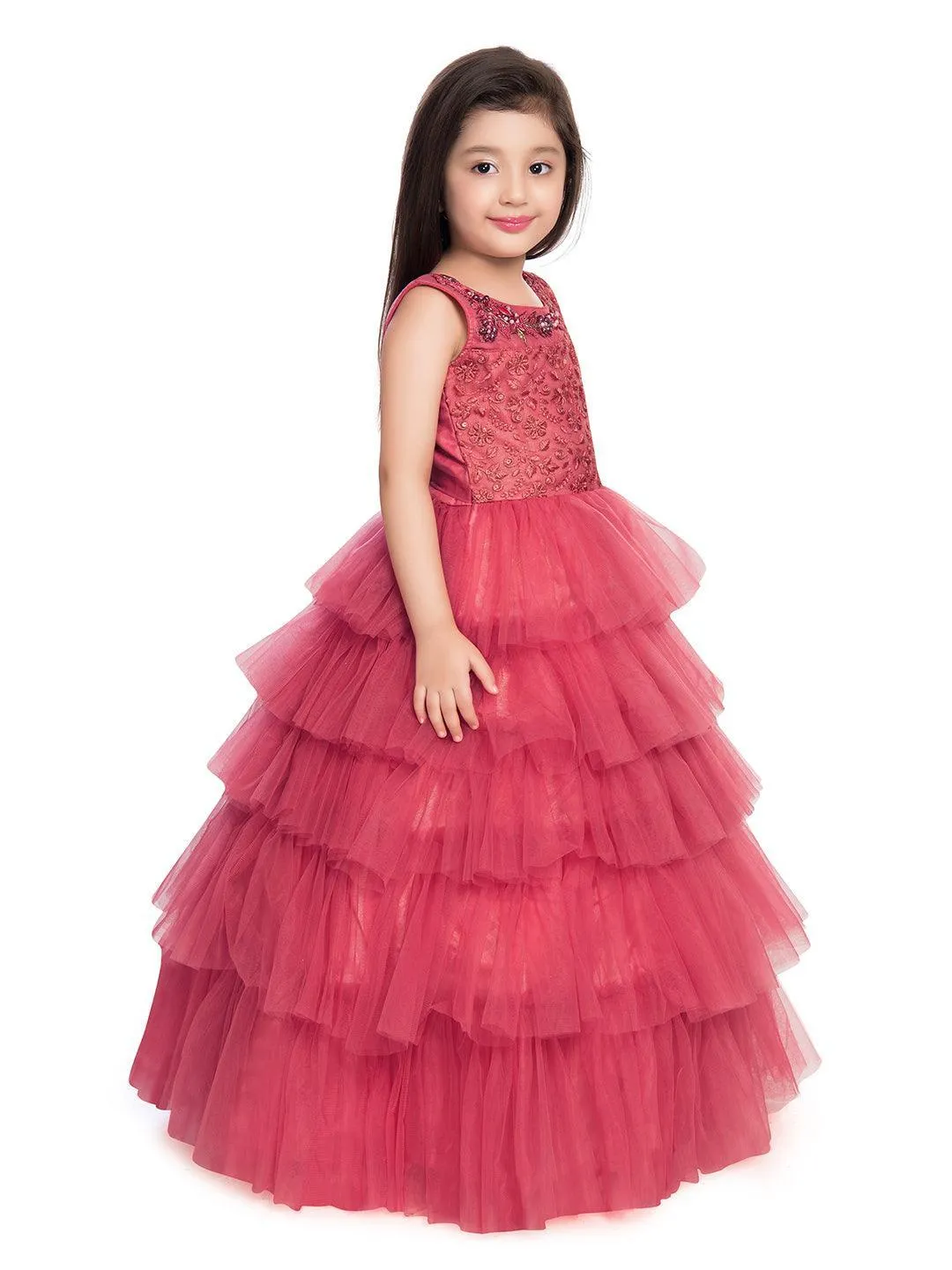 Rose Pink Coloured Embellished Layered Design Net Gown For Girls