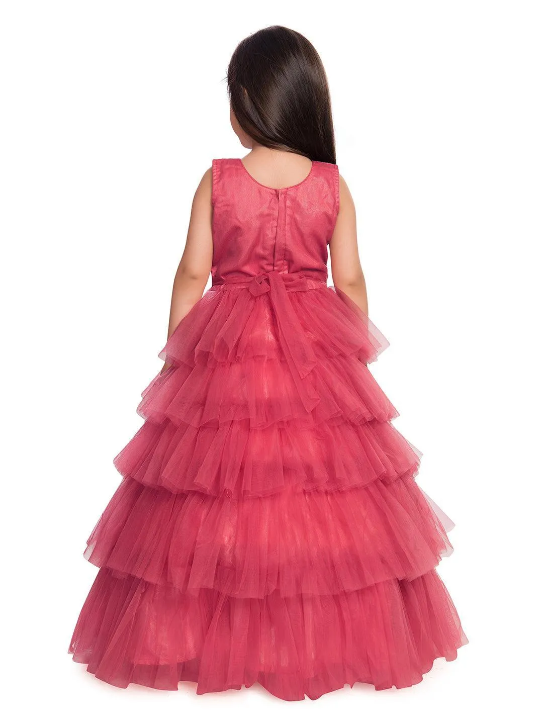 Rose Pink Coloured Embellished Layered Design Net Gown For Girls