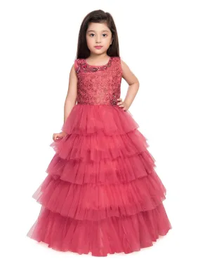 Rose Pink Coloured Embellished Layered Design Net Gown For Girls