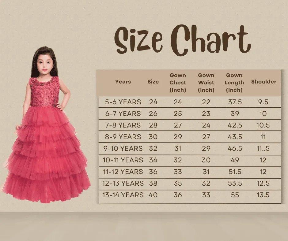 Rose Pink Coloured Embellished Layered Design Net Gown For Girls