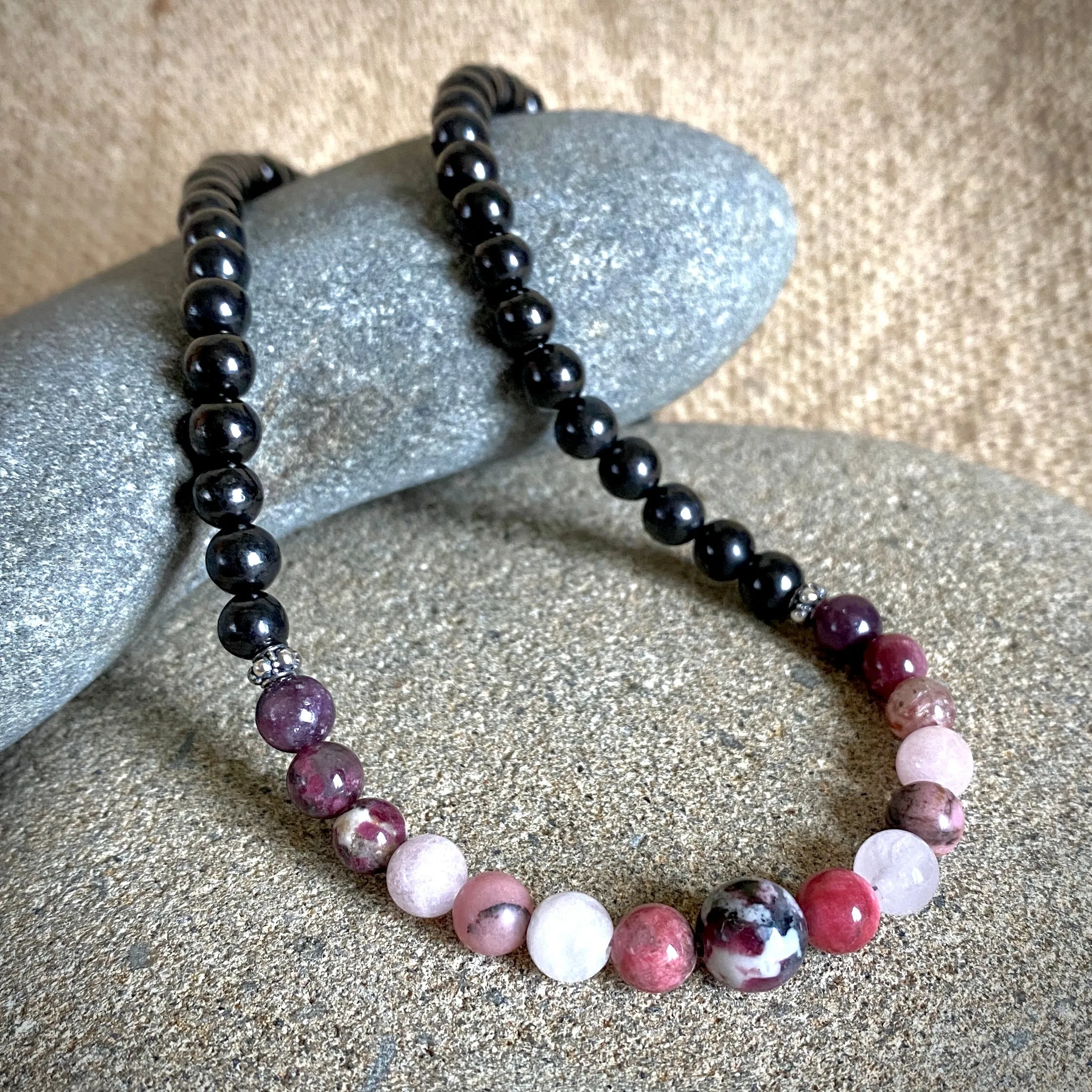 Short Shungite Necklace, Pink Gemstones, Love, Nurturing, Romance