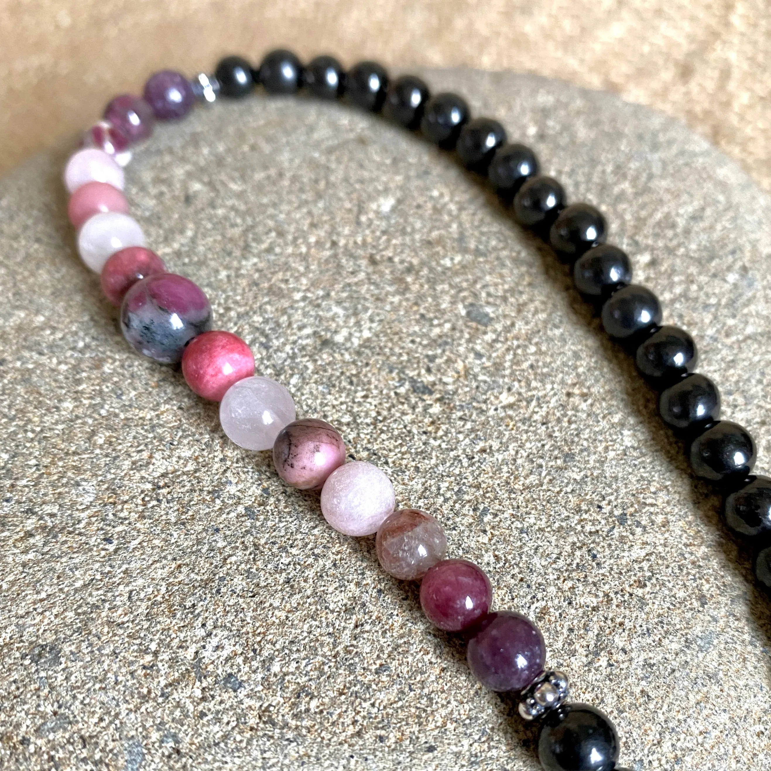 Short Shungite Necklace, Pink Gemstones, Love, Nurturing, Romance