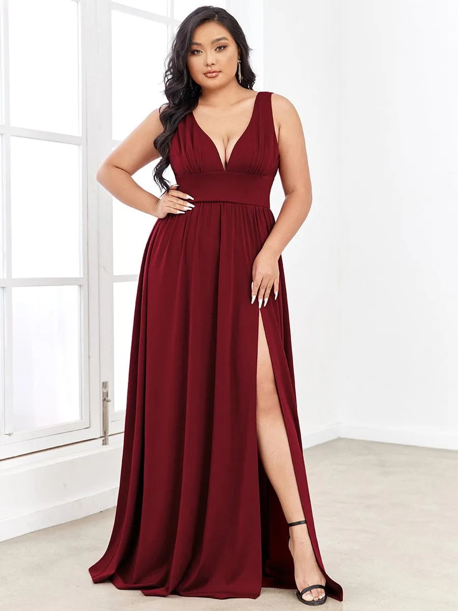 Sleeveless V-Neck Empire Waist High Slit Floor-Length Evening Dress