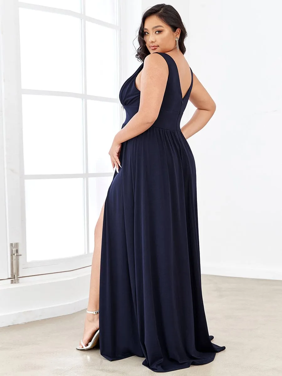 Sleeveless V-Neck Empire Waist High Slit Floor-Length Evening Dress