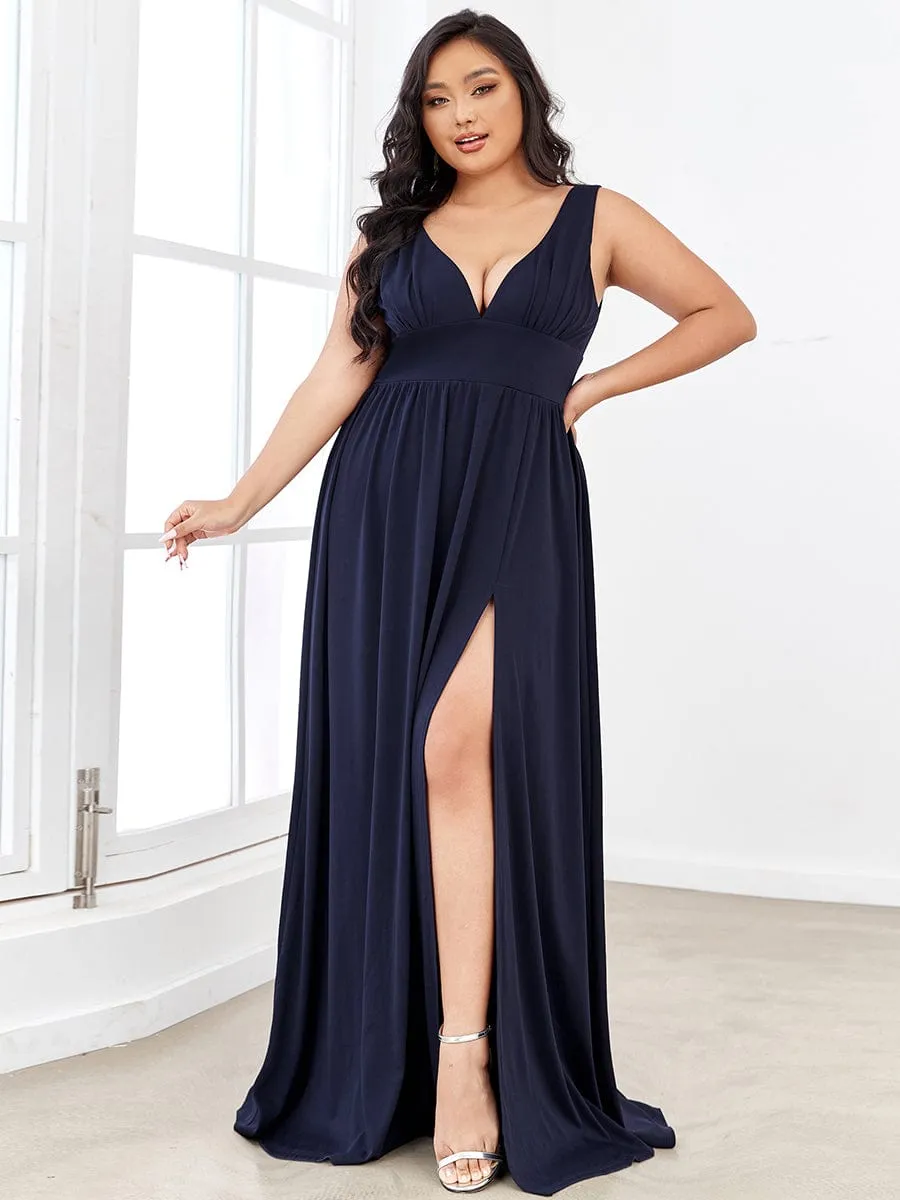 Sleeveless V-Neck Empire Waist High Slit Floor-Length Evening Dress