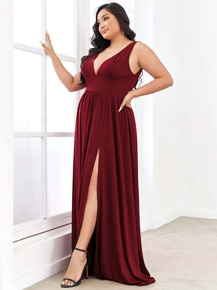 Sleeveless V-Neck Empire Waist High Slit Floor-Length Evening Dress