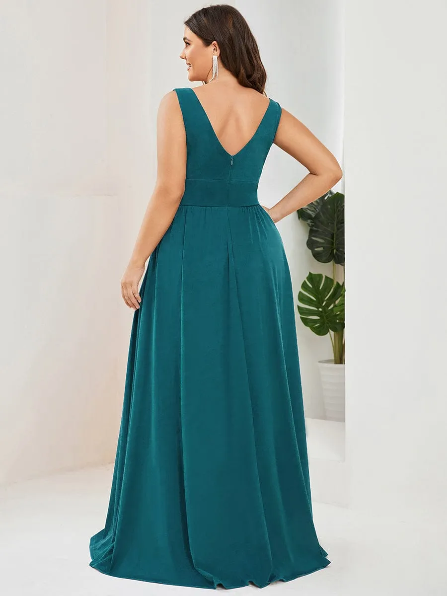 Sleeveless V-Neck Empire Waist High Slit Floor-Length Evening Dress