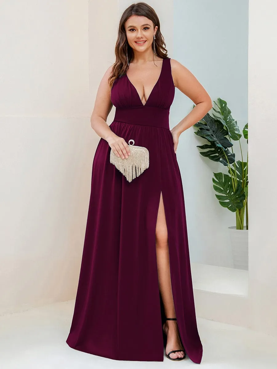 Sleeveless V-Neck Empire Waist High Slit Floor-Length Evening Dress