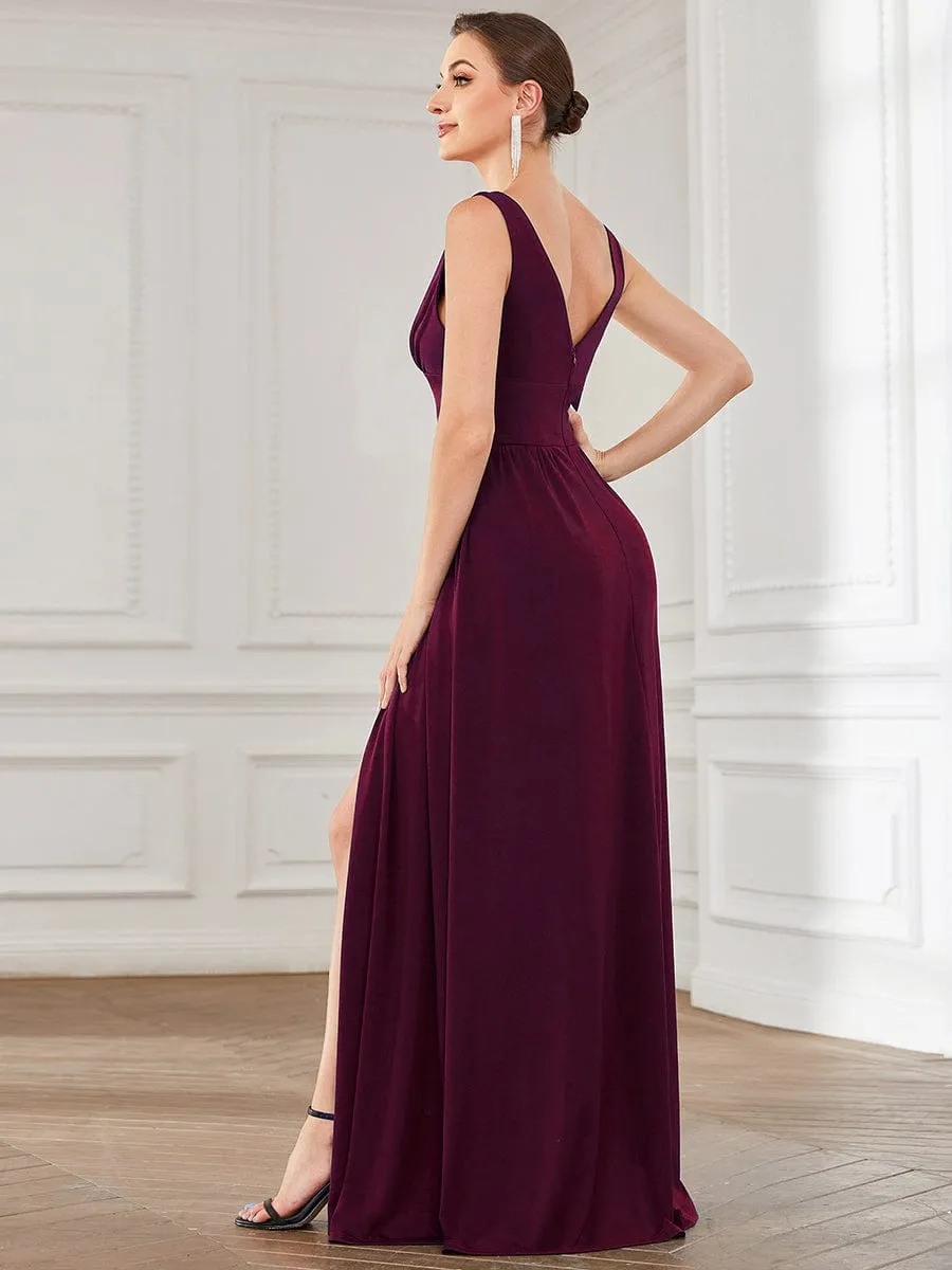 Sleeveless V-Neck Empire Waist High Slit Floor-Length Evening Dress