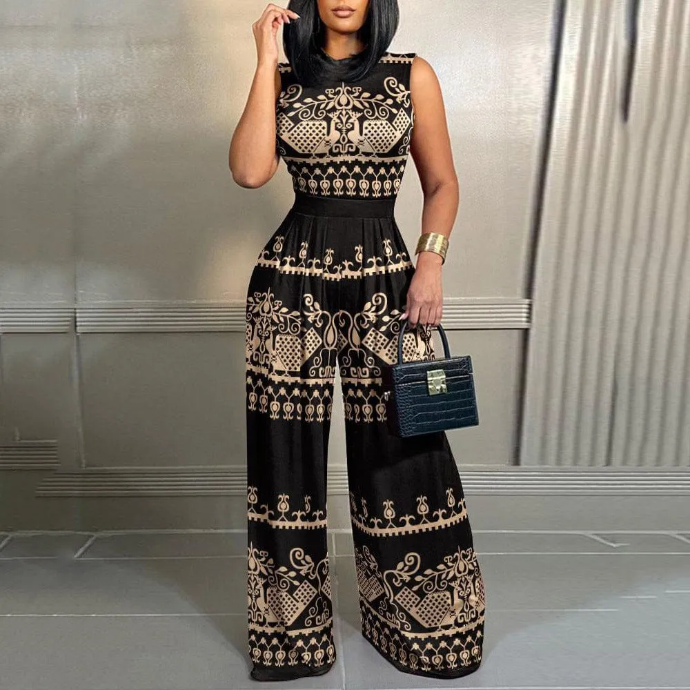 Spring 2024 European and American cross-border hot sale casual trousers slim print sleeveless women's jumpsuit