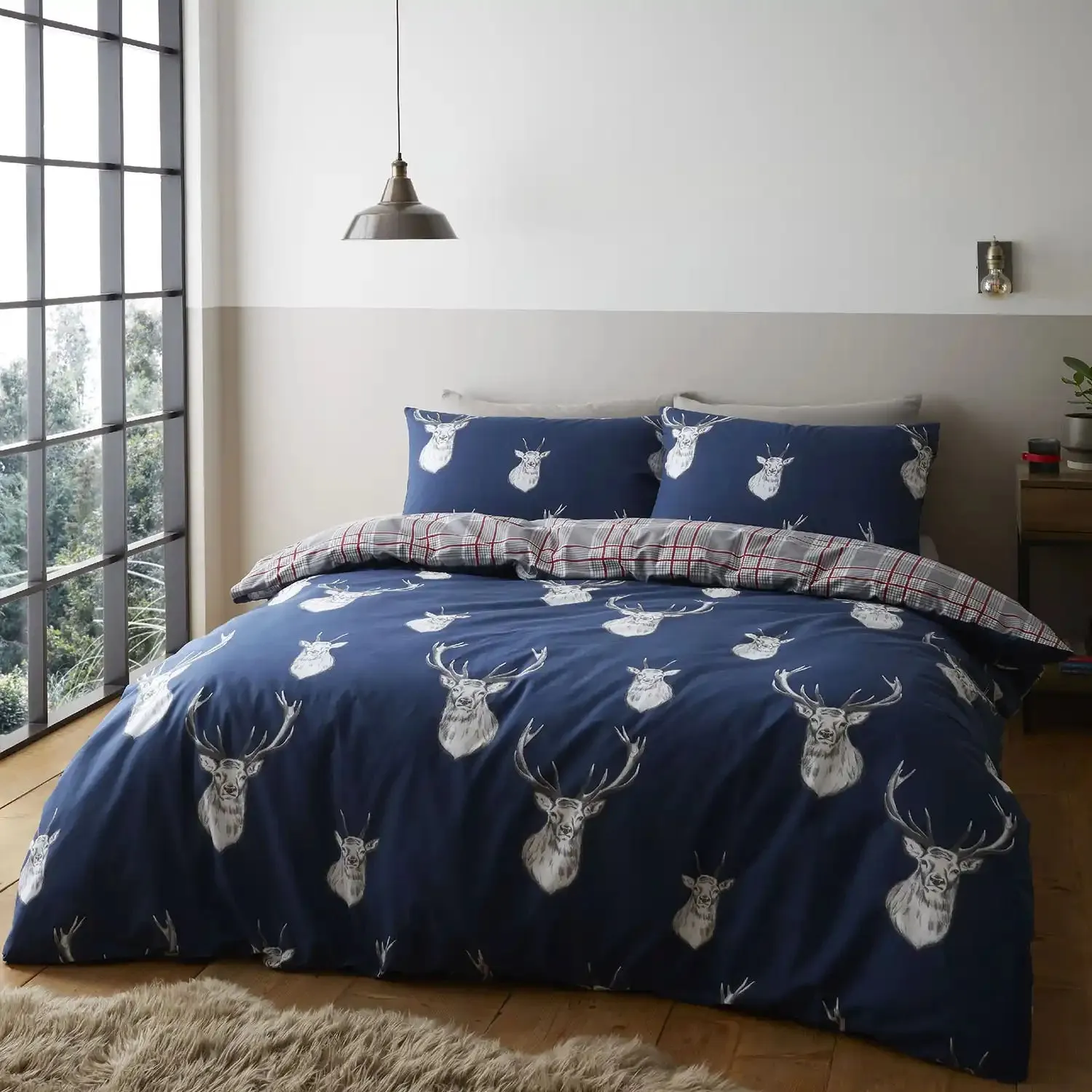 Stag Check Duvet Cover Set With Pillowcases - Navy