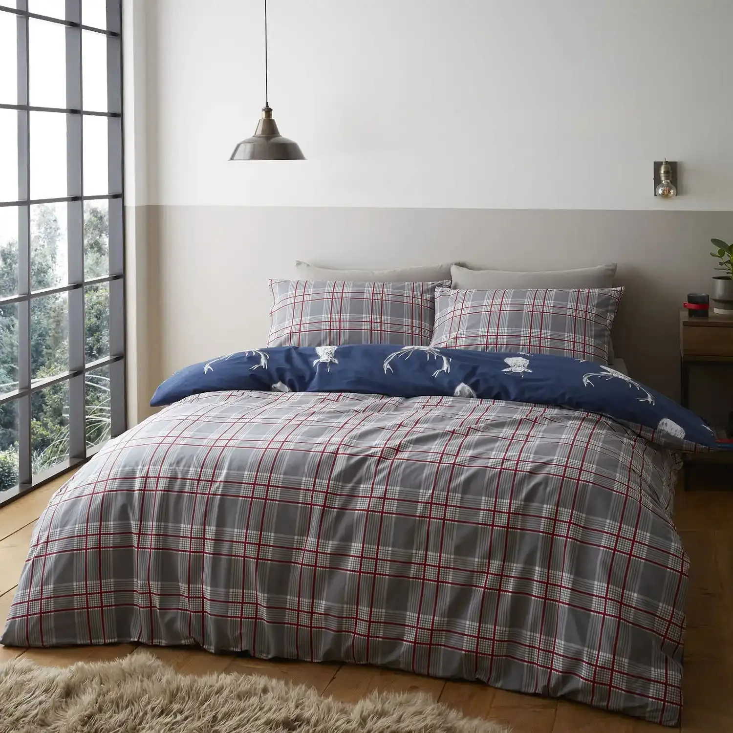 Stag Check Duvet Cover Set With Pillowcases - Navy