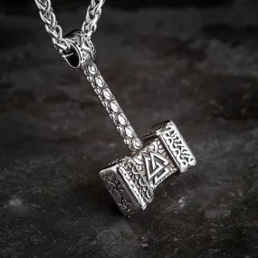 Stainless Steel Mjolnir with Central Valknut Necklace