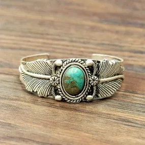 Turquoise Stone Feather Detail Cuff Bracelet