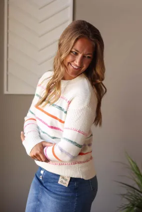 White Multicolor Striped Sweater