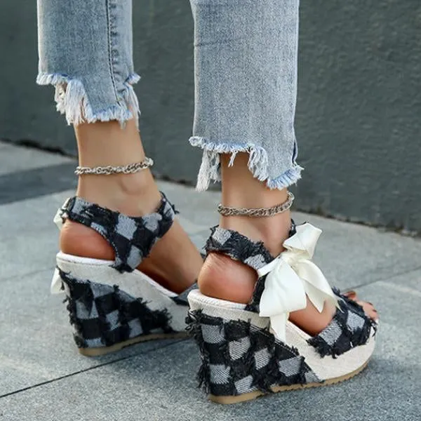 Women's Casual Denim Ribbon Wedge Sandals 50096583S